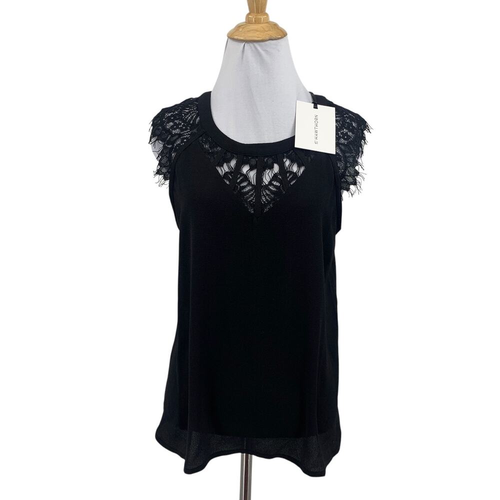 41 Hawthorn Blouse Womens SP Petite Black Jarred Lace Detail Cap Sleeve Back Zip
